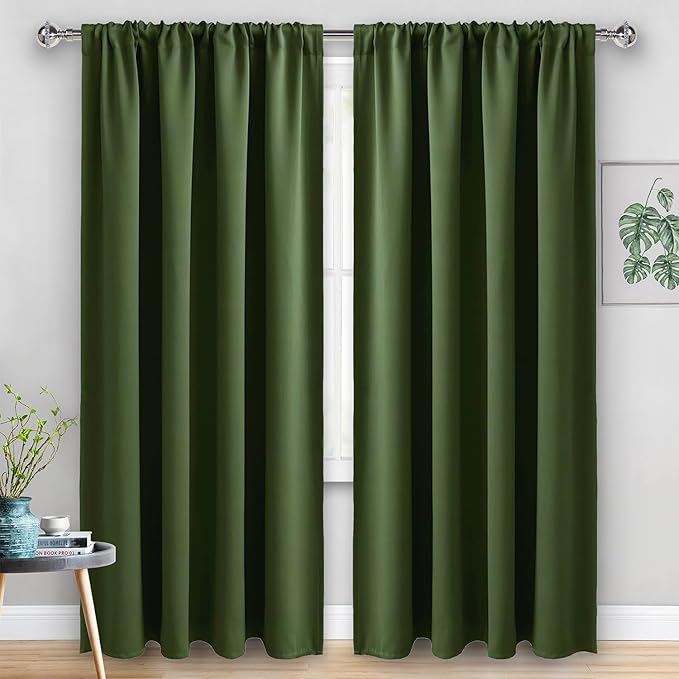 JIUZHEN Christmas Blackout Curtains for Bedroom - Thermal Insulated Room Darkening Rod Pocket Curtains for Living Room, Set of 2 Panels with Tiebacks, 70 x 96 Inch Length, Olive Green