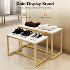 2-Piece Set Metal Shoe Handbag Display Stand, Gold and White Display Stand with 110lbs Load Capacity, Modern Board Storage Rack for Shoes, Handbags, Retail Store, Home Decor