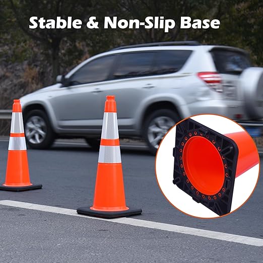 8 Pack 28 Inch Orange PVC Traffic Cones Black Base Stable Flexible, Road Safety Construction Zone Crowd Control Parking Safety Markers (8, Orange, 28 Inch)