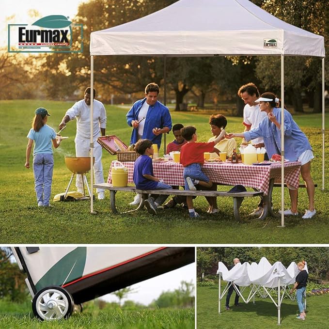 Eurmax USA 8'x12' Pop-up Canopy Tent Commercial Instant Canopies with 4 Removable Zipper End Side Walls and Roller Bag, Bonus 4 SandBags(White)