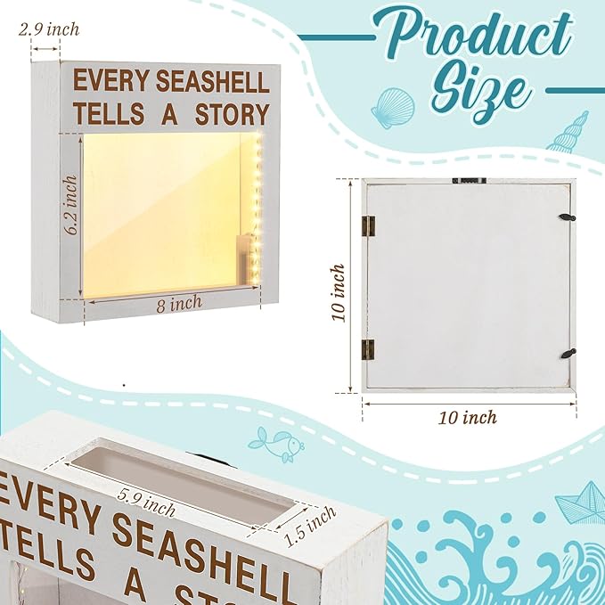 Juexica Seashell Holder with Light Display Box Room Decor Ocean Themed Gifts for Christmas Display Case Sea Shells Beach Coastal Decor Acrylic Wall Hanging(White,Seashell)