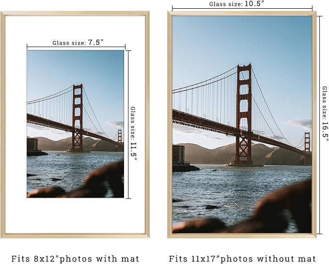 Frametory, 11x17 Metal Picture Frame with Mat for 8x12 Picture & Real Glass, Aluminum Photo Frame Collection (Gold, 2 Pack)