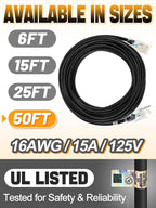 Lighted End Heavy Duty Outdoor Extension Cord Waterproof -16AWG, 3 Prong, 15A, 1875W, Flexible Black Power Extension Cord for Outsides, 50ft