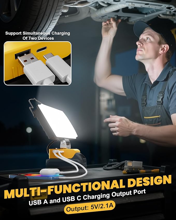 LIVOWALNY LED Work Light Compatible with Dewalt, 100W 10000LM 7" Flood Battery Light, Cordless LED Flashlights with USB & Type-C & Low Voltage Protection & 140° Pivoting Head for Emergency & Job Site