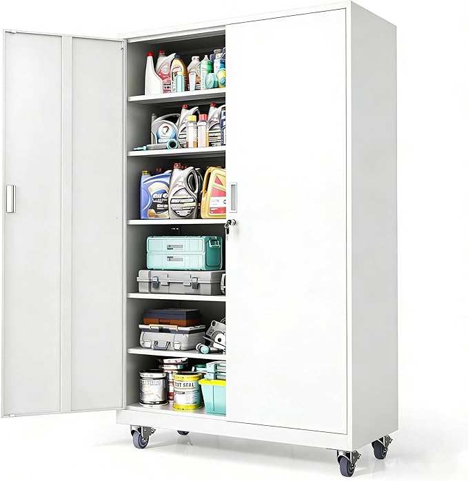 VINGLI Large Metal Storage Cabinet with 2 Doors and 5 Adjustable Shelves, Upgraded Height & Wide & Deep, 43''W x 20''D x 72''H, Oversized Garage Storage Cabinet with Wheels and Locks (White)