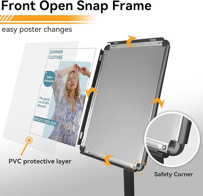 Heavy Duty Pedestal Sign holder floor stand Adjustable Sign Stand for Vertical and Horizontal view Poster Stand with Aluminum Frame for Display 11 x 17 inch Black