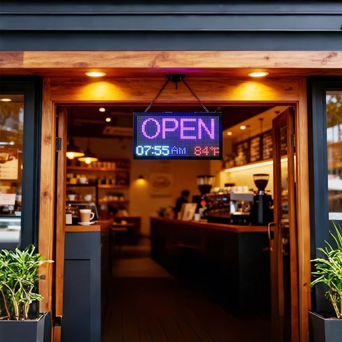 Commercial LED Open Closed Sign, 16.5x 9 inch Calendar & Temperature Display, Auto ON/OFF Timer, Waterproof for Outdoor, Ideal for Store Front, Shop Window, Glass Door, Retail, Bar, Salon, Cafe Business