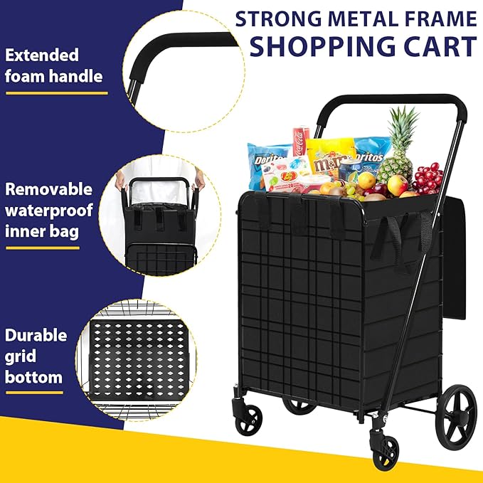 Shopping Cart for Groceries, 396 LBS Super Capacity Folding Utility Cart with Waterproof Liner, 360° Rolling Swivel Wheels Collapsible Cart, Heavy Duty Trolley for Laundry, Groceries (Jumbo+Bag)