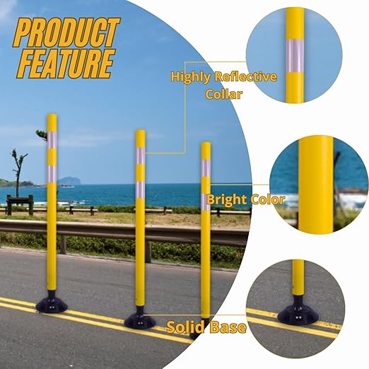 BESEA 8 Pack 36 Inch Traffic Delineator Posts with Reflective Collars Yellow Road Cones,Yellow Durable Flexible Safety Cones for Construction, Parking Lot, and Roadway Use