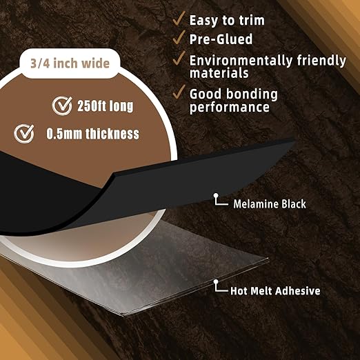 GSCIT Club Black Edge Banding, 3/4 inch x 250ft Melamine Edge Banding with Hot Melt Adhesive Preglued Cabinet Edge Banding Flexible Black Veneer Edging