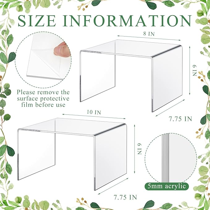 2 Pcs 8 Inch, 10 Inch Large Acrylic Risers Display Stands 5 mm Thick Acrylic Shelf Riser Showcase for Collectibles Jewelry Cupcakes Food Figures Perfume Cabinet (Clear)