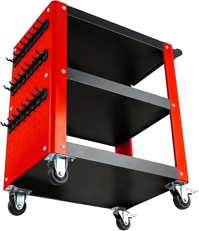 Heavy Duty 3 Tier Rolling Tool Cart, Mechanic Storage Organizer with Pegboard & Hooks, Lockable Wheels Utility Cart for Garage, Auto Repair Shop, Workshop, Warehouse（Red & Black）