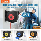 VEVOR Retractable Extension Cord Reel, 45 FT, Heavy Duty 12AWG/3C SJTOW Extension Power Cord with Lighted Triple Tap Outlet, 15A Circuit Breaker 180° Swivel Bracket for Ceiling or Wall Mount, Red
