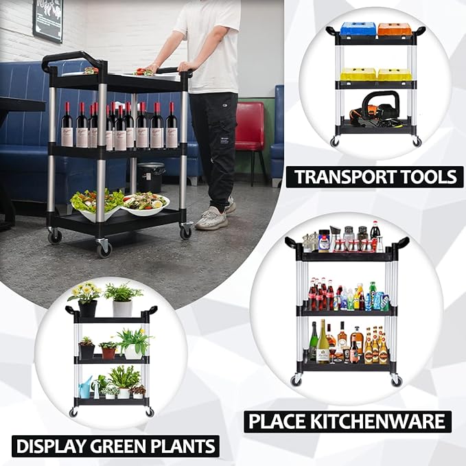 Plastic Utility Carts with Wheels, Heavy Duty 510lbs Capacity Rolling Service Cart, 3-Tier Restaurant Food Cart with Hammer for Office, Warehouse, Garage (Lockable Wheels, Black)
