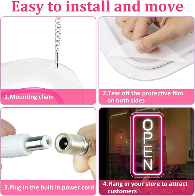inShareplus 22.8"x 11.8" Open Signs for Business, Super Bright Sign Open, Neon Open Sign with ON/OFF Switch adapter, Electric Light up Sign for Stores, Restaurants Window (Pink&White Vertical)
