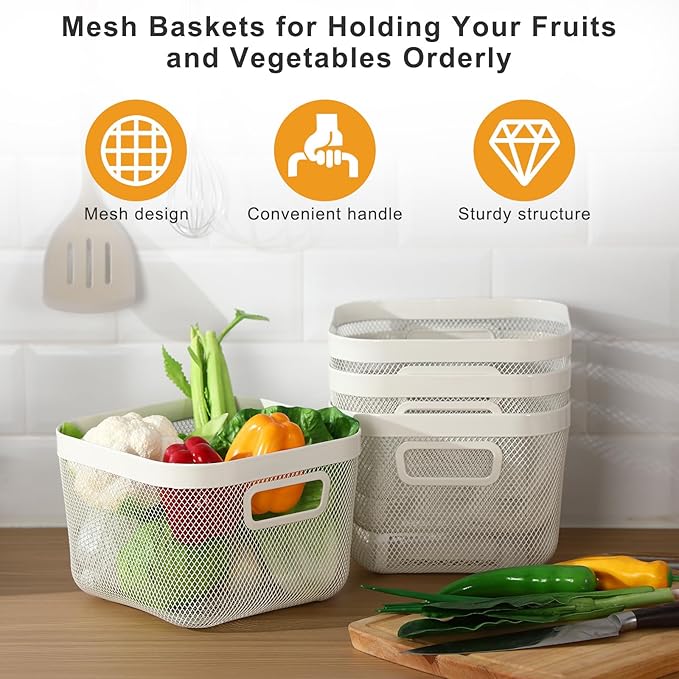 6 Pack Metal Mesh Basket with Hollow Handles White Wire Storage Bin for Organizing Stackable Metal Fine Mesh Basket for Pantry Bathroom Kitchen Cabinets Shelves