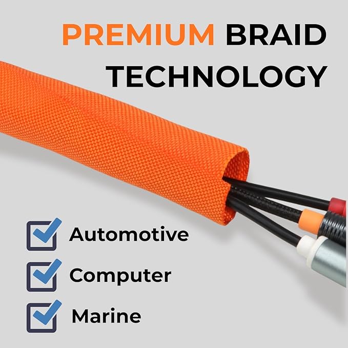 5/8 inch Split Braided Cable Management Sleeve for USB Cable Power Cord Audio Video Cable, Wire Loom Cord Protector from Cat Dog Chewing (Orange, 25FT)