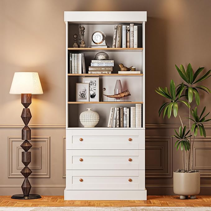 Vyre 71" Tall Modular Farmhouse Bookcase with Glass Doors & Drawers, Set of 3 – Large Storage Cabinet with Adjustable Shelves for Living Room or Kitchen, White