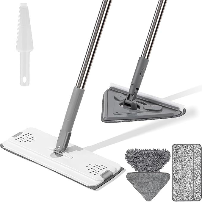 Mops for Floor Cleaning with 57" Long Handle, Wall Cleaner Mop with 84'' Handle, 2 Reusable Pads, Wet and Dust Mopping for Hardwood, Laminate, Tile Floor, Wall, Ceiling, 7Pcs Gray