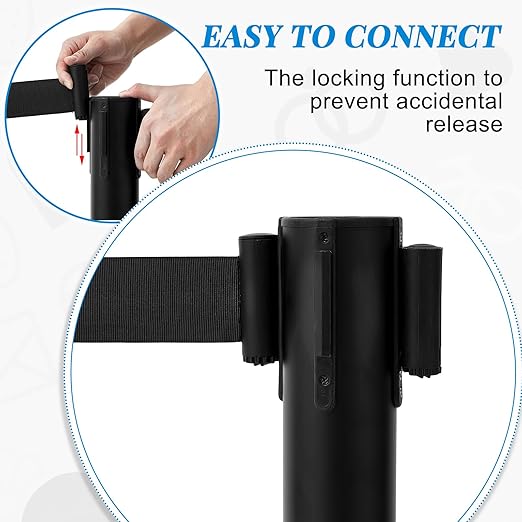 6 Pcs Crowd Control Stanchions Set Stainless Steel Barrier Post with Dual Retractable Belt 9.8 ft and 1 Sign Holder Crowd Safety Control Barrier Solid Base Easy Connect Assembly