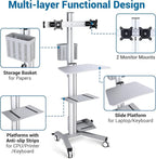 Yescom Mobile Computer Cart Rolling PC Stand Desk Workstation Dual Monitor Mount with Wheels Adjustable Keyboard Tray CPU Printer Holder for Hospital Clinic School Office Silver