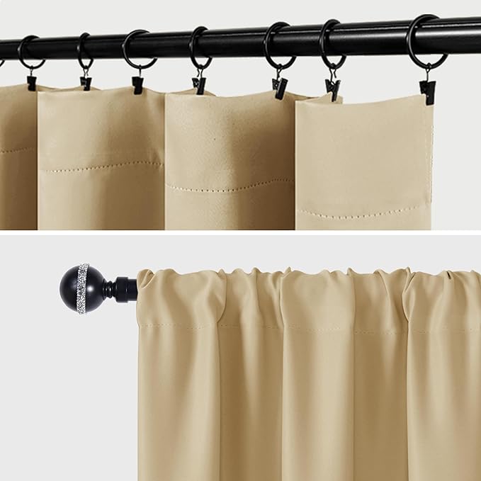 JIUZHEN Blackout Curtains for Bedroom– Thermal Insulated,Noise Reducing Room Darkening Privacy Drapes for Living Room, Set of 2 Panels with Tiebacks, 38 x 63 inch Long, Light Beige