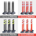 6-Set Pack 40" inch Black Yellow Work Zone Chain Post Set, 6 x 6.6' Feet Plastic Chains, Portable Crowd Control Stanchion Set, Traffic Queue Delineator Post Cones (Black-Rubber Base)