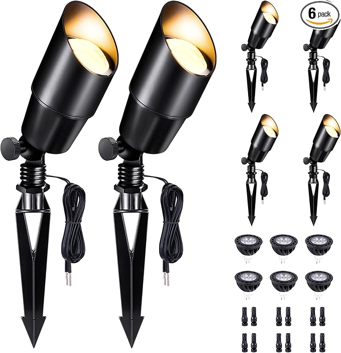 LED Outdoor Spotlights, Black Low Voltage Waterproof Spot Light, Aluminum Landscape Lights for Porch, Backyard, Uplighting with 5W MR16 Bulb 2700K 6 Pack