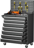 INTERGREAT 7 Drawers Rolling Tool Chest with Pegboard, Metal Tool Chest with Drawers, Tool Storage Cabinet with Wheels for Garage, Workshop, Repair Shop, Black
