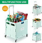 Folding Utility Cart Portable Rolling Crate Handcart Shopping Trolley Collapsible Tool Box, with Lid, Basket on 4 Rotate Wheels, for Grocery, Office, Teacher, Travel Shop Move Luggage (Green)