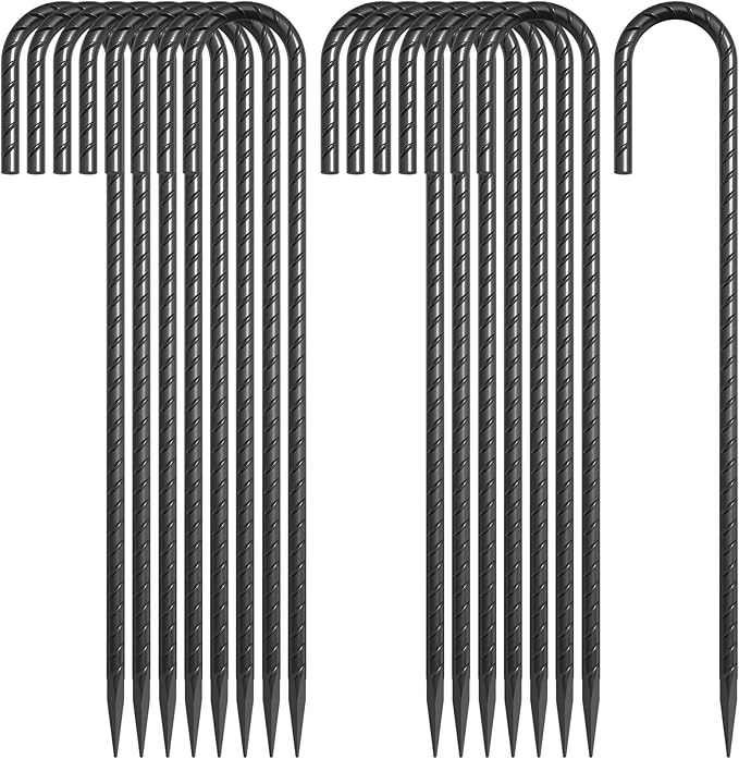 J Hook Rebar Stakes 12 Inch 16 Pack, 5/16 Inch Diameter Heavy Duty Steel Tent Stakes, Black E-Coated Anti-Rust Ground Anchors for Fencing, Tarp, Outdoor Decorations, Inflatables, Bounce House