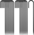 J Hook Rebar Stakes 12 Inch 16 Pack, 5/16 Inch Diameter Heavy Duty Steel Tent Stakes, Black E-Coated Anti-Rust Ground Anchors for Fencing, Tarp, Outdoor Decorations, Inflatables, Bounce House