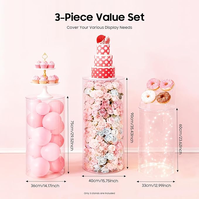 3 Pcs Wedding Cylinder Stands, Clear Acrylic Round Pedestal Stand, Floor Standing Clear Cylinder Stands for Wedding Birthday Party 23.6'', 29.5'', 35.4'' H