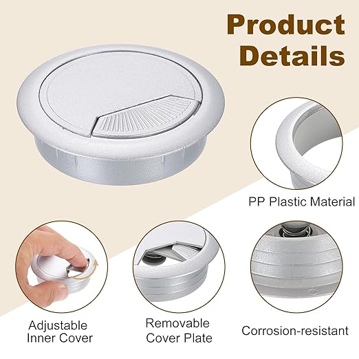 uxcell 5 Pcs 60mm (2.36 Inch) Desk Grommet, Plastic Cable Hole Cover, Wire Cord Cable Organizer for Home Office Computer Desk Cabinet, Silver