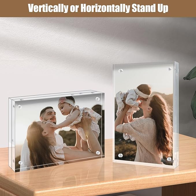 Egofine 4x4 Acrylic Frames 2 Pack, 20mm Thicker Frameless Clear Picture Frames, Double Sided Magnetic Picture Frames, Free Standing Desktop Display