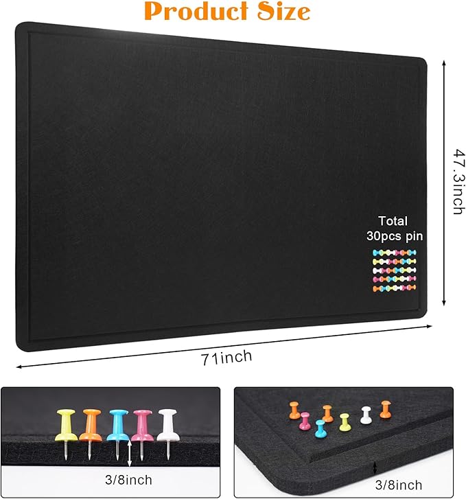 Large Bulletin Board - 72 X 48 inches Cork Board with 30 Pushpin, 6' x 4' Felt Cork Board Notice Pin Board, Self-Adhesive Vision Board Mood Board Foldable Photo Board for Wall (Black)