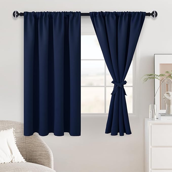 JIUZHEN Blackout Curtains for Bedroom– Thermal Insulated,Noise Reducing Room Darkening Privacy Rod Pocket Drapes for Living Room, Set of 2 Panels with Tiebacks, 42 x 54 inch Long, Navy Blue