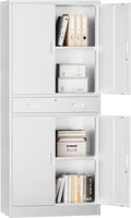 Metal Storage with 1 Drawer, 71" Cabinet with 4 Locking Doors and 2 Adjustable Shelves, Steel Storage File Cabinet for Pantry, Kitchen, Office, Garage (White)