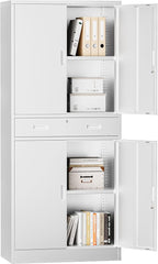 Metal Storage with 1 Drawer, 71" Cabinet with 4 Locking Doors and 2 Adjustable Shelves, Steel Storage File Cabinet for Pantry, Kitchen, Office, Garage (White)