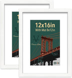 VCK 12x16 Picture Frame Set of 2 - White, Matted to 8x12 or 12x16 without Mat, Textured Exclusive Wooden Photo Frames with HD Glass, Wall Hanging