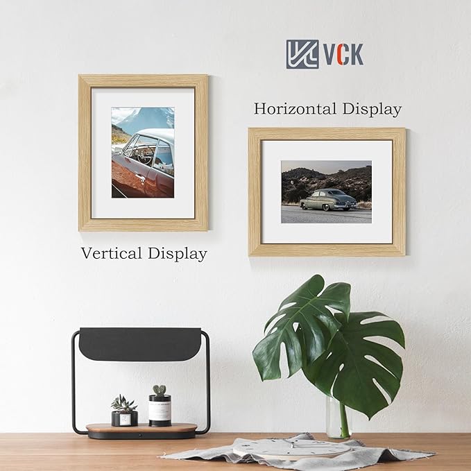 VCK 8x10 Picture Frame 2 Pack - Natural Oak, High-End Wood Poster Frames with Tempered Glass, Display 5x7 Photo with Mat or 8x10 without Mat, Art Gallery-Quality, Wall Hanging/Tabletop, Natural Oak
