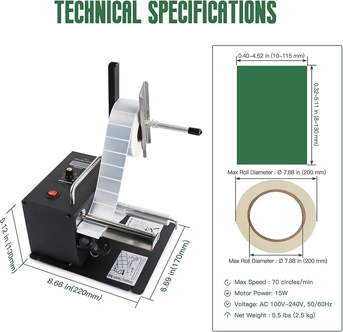 U.S. Solid Automatic Label Dispenser w/Counter - Speed Adjustable Label Dispensing Machine - Width 10-115MM Length 8-130MM - Translucent and Opaque Labels