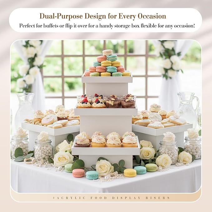 Leinuosen 7 Pcs Extra Large Buffet Risers Set 10" to 16" Rectangle Acrylic Display Box Catering Dessert Table Riser Food Display Decorative Stand with Hollow Bottom for Catering Supplies(White)