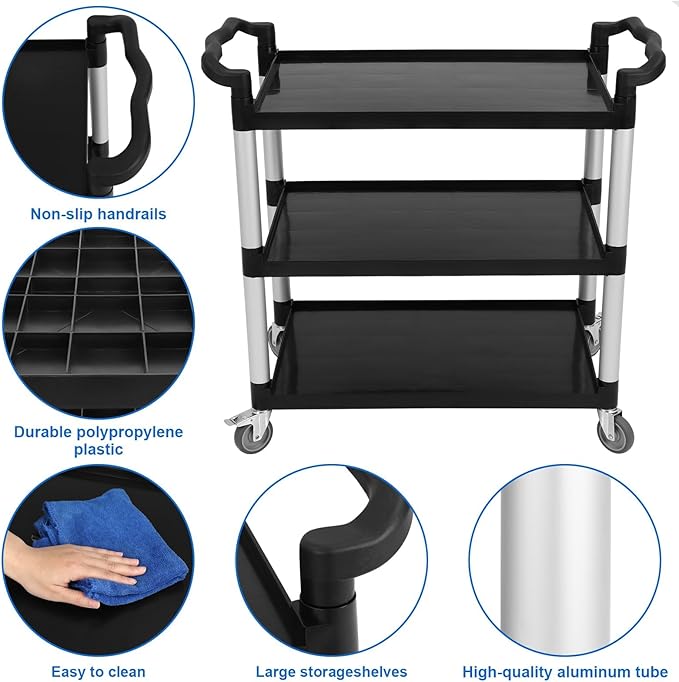 3-Tier Heavy Duty Rolling Cart with 360° Lockable Wheels, 120lbs Per Shelf Storage Utility Cart for Kitchen, Restaurant, and Office Use, Multifunctional Storage, Black, 42" Wx20 Dx39 H