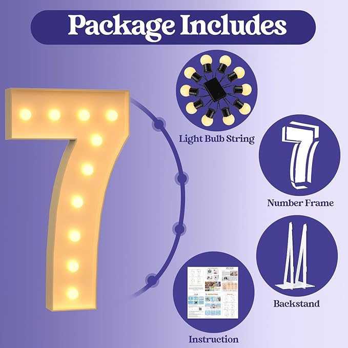 4FT Marquee Light Up Numbers, Large Marquee Numbers for 7th 17th 70th Birthday Decorations, Giant Light Up Numbers for Party Anniversary, Marquee Letters, Pre-Cut DIY Mosaic Numbers for Balloons 7