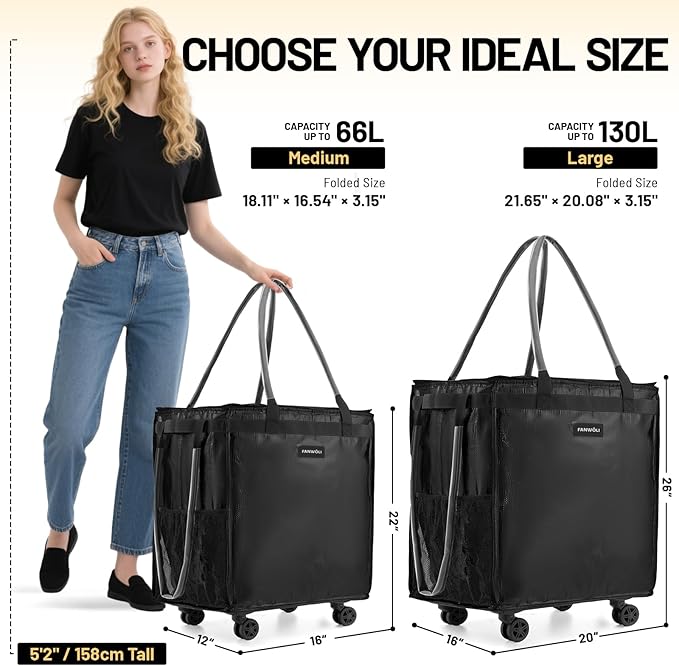 (Large) Fanwoli Reusable Grocery Bag On Wheels with Removable Liner | Wrinkle-Resistant Fabric | Enhanced Stability Wheels & Extended Handle | Foldable Shopping Trolley for Laundry, Carries Up to 130L