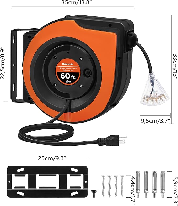 Retractable Cord Reel, 60 FT Heavy Duty Extension Cord, 12AWG/3C SJTOW, 3 Grounded Outlets Lighted Triple Tap, 15A Circuit Breaker, Wall/Ceiling Mounted, UL Listed, Orange B60CR06