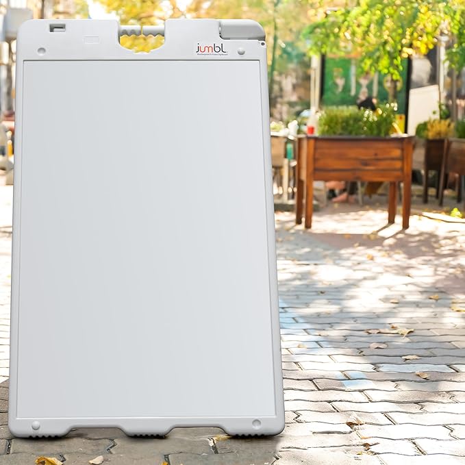 Jumbl Outdoor A-Frame Sandwich Signboard 24” x 36” Display Surface – w/PVC Sign Protector & Sand Fill Holes – Duel Display Signage Stand for Storefront Sidewalk Curb (White)