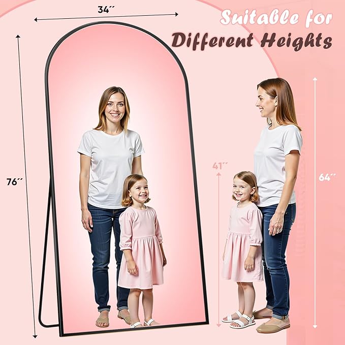 Full Length Mirror, 76" x 34" Arched Full Body Mirror Large Standing Floor Mirrors, Mirrors for Bedroom, Bathroom, Living Room Standing or Wall Leaning, Black