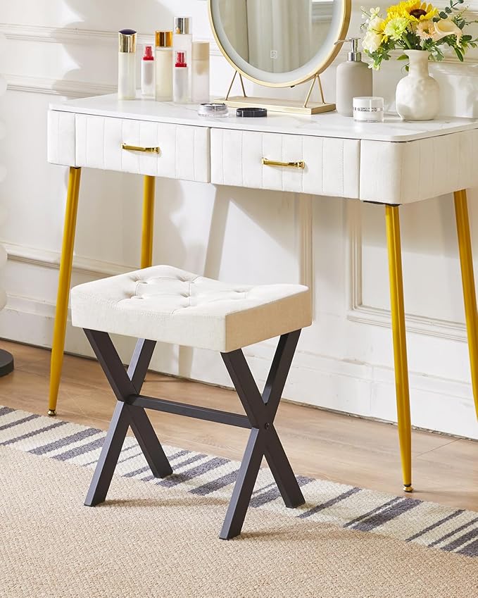 IBUYKE U-Shaped Linen Vanity Stool, Square Makeup Chair with X-Leg, Ottoman Seat Footrest Stool, Multi-Use as Small Side Table, for Bedroom, Living Room, Linen WBD018Y